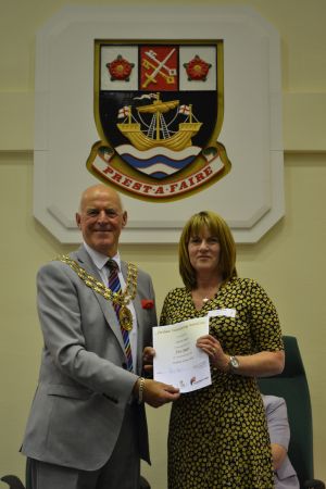 Vice President Alison Sales receiving an award from the Mayor of Fareham for five years volunary service for the local community